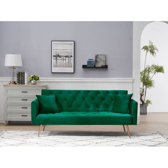 Sofa Bed Modern Velvet Upholstered Convertible Double Folding Futon Sofa Bed with Adjustable Back and Metal Legs Accent Sofa Couch for Compact Living Space, Apartment, Dorm, Bonus Room, Green