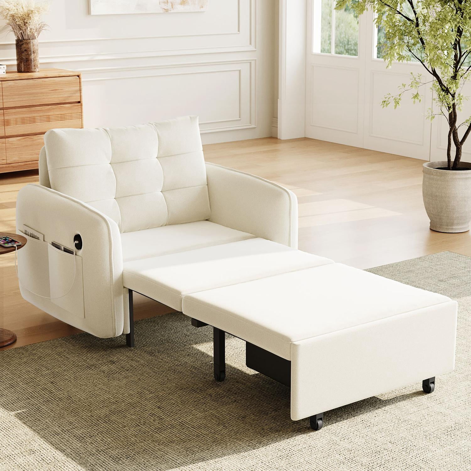 Sofa Bed, Sleeper Chair, 3-in-1 Convertible with Pull-Out Lounge, Storage Pockets and Hidden Box, Tufted Chenille Upholstery on Plywood Frame for Living Room & Apartment, 80 Inch, Beige