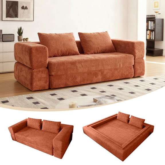 Sofa Bed, Sleeper Sofa, Convertible Sofa with Rectangle Pillow & Cushions, Folding Memory Foam Sleeper Lounge Couch & Chair for Bedroom Guest Room, Orange