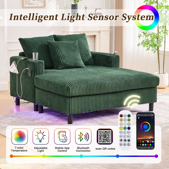Sofa Bed UNITED WE WIN Modern Corduroy Oversized Recliner Sofa with Deep Seat, 3 Pillows, USB Charging, RGB LED Light Strip, Cup Holder, Side Pocket - Suitable for Living Room and Bedroom,Convertible
