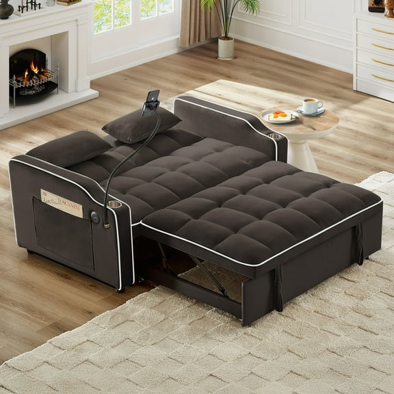Sofa Bed Versatile Foldable Double Seat Recliner,Comfortable Velvet Pull-Out Sleeper Sofa Bed with Side Pockets,USB Port,Swivel Phone Stand, Ashtray and Adjustable Backrest,Convertible Sofa Bed