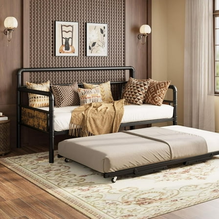 Sofa BedFrame Daybed With Trundle, Twin Daybed and Foldable Metal Trundle Bed With Pop Up Trundle Set, Metal Twin Bed Frame Heavy Duty Steel Slats Support