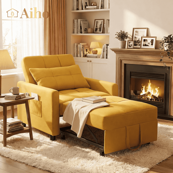 Convertible Sofa Bed, Aiho 3 in 1 Sleeper Couch with Pull-Out Bed & Side Pocket, Best Gifts for Living Room, Bedroom, Yellow