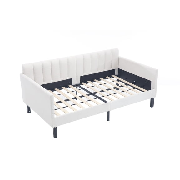 Sofa Beds Elena Twin Size Ivory Boucle Upholstered Daybed, Ribbed Tufted Backrest, Daybed in Lavish Modern Design, Richly Hued Foam Comfort,Sleeper Sofa