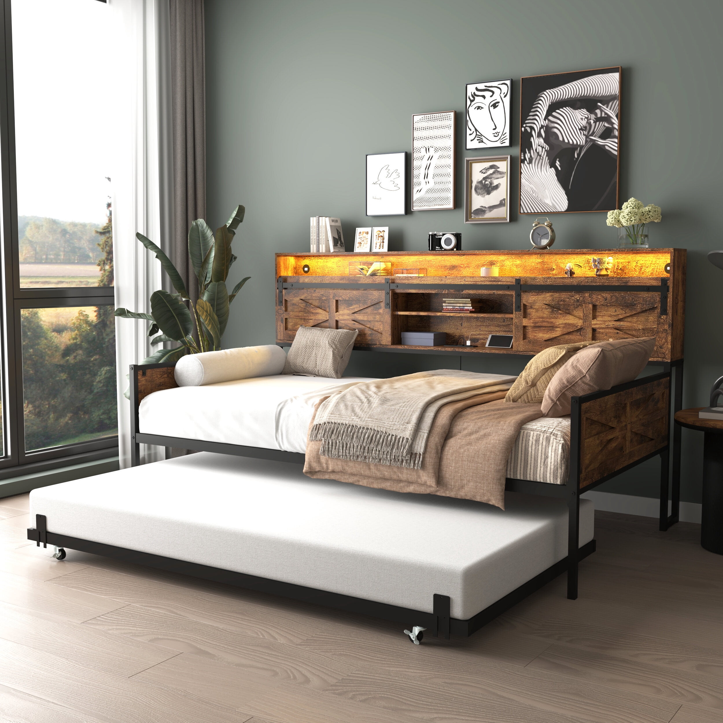 Sofa Beds Twin Daybed with Trundle, Farmhouse Daybed Frame with Sliding ...