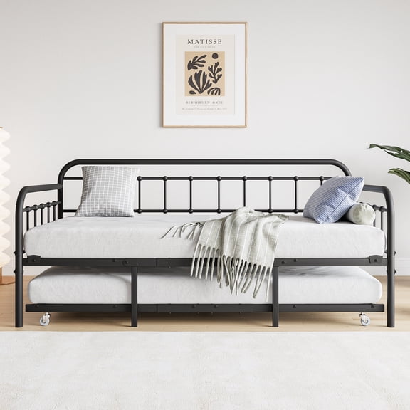 Sofa Beds Twin Size Metal Daybed Frame with Trundle, Heavy Duty Steel Slat Support Sofa Bed Platform with Headboard, No Box Spring Needed, Black,Sleeper Sofa