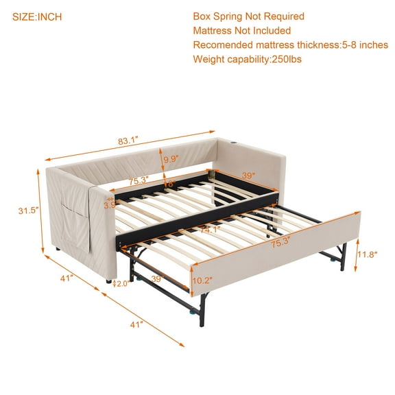 Sofa Beds Twin Size Upholstered Daybed with Trundle,USB Port ,Side Pockets, Modern V-grained backrest Design,No Box Spring Needed, for Bedroom, Guest Room ( Beige, Twin),Sleeper Sofa