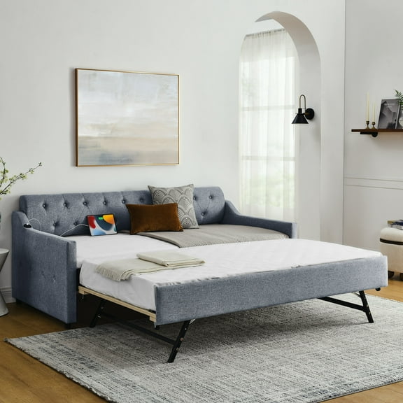 Sofa Beds Twin Size Upholstery DayBed with Twin Size Erectable Trundle and USB Charging Design, Linen Grey,Sleeper Sofa