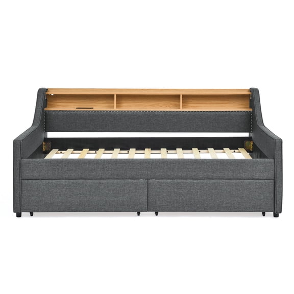 Sofa Beds Twin Size Upholstery Sofa Bed with Three LED lights, with Storage Adjustable Headboard, with Two Storage Pull Up drawers and Wireless Charging, Linen Padded Sofa Bed frame, Grey,Sleeper Sof