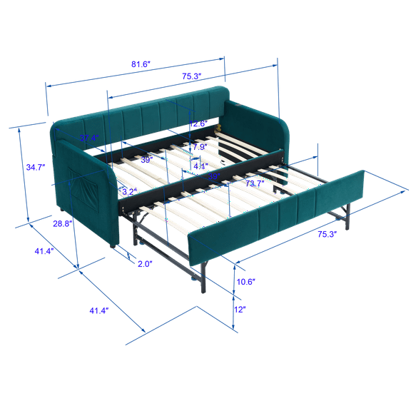 Sofa Beds Twin Upholstered Daybed Frame with Trundle, Twin Size Sofa Bed for Bedroom Living Room Guest Room, Wood Slat Support,Emerald,Sleeper Sofa