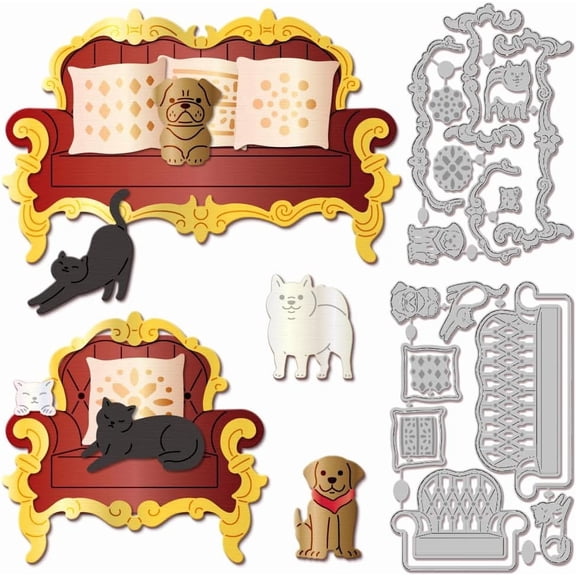 Sofa and Chair Cutting Dies Metal Retro Layered Cat and Dog Cutting Die Template Paper Cutting Dies for Scrapbooking Card Making Crafts Paper Cards diy