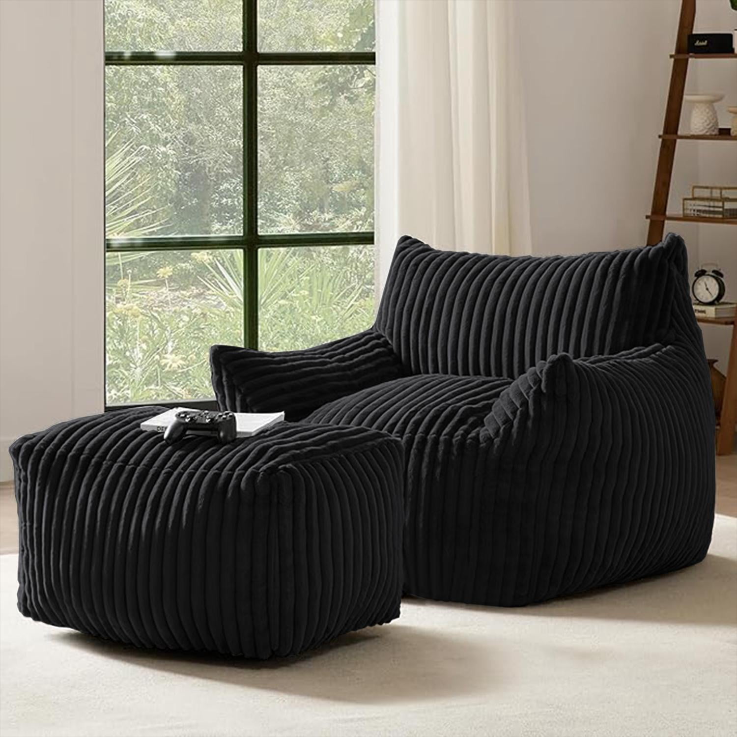 Sofa Chair with Ottoman, 5-Zone Ergonomic Support Suede Chair, High-Rebound Foam and Wide Armrests, Compact Boxed Delivery for Small Apartments, Black