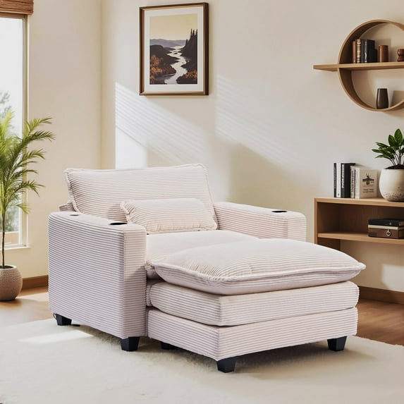 Sofa Chair with Ottoman,Gexpusm Oversized Upholstered Corduroy Sofa Chair with Cup Holders & USB Ports for Bedroom,Living Room,Small Spaces,Lounge Sofa Chair,Beige