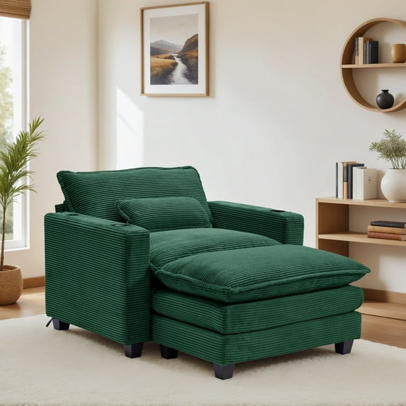Sofa Chair with Ottoman,Gexpusm Oversized Upholstered Corduroy Sofa Chair with Cup Holders & USB Ports for Bedroom,Living Room,Small Spaces,Lounge Sofa Chair,Green