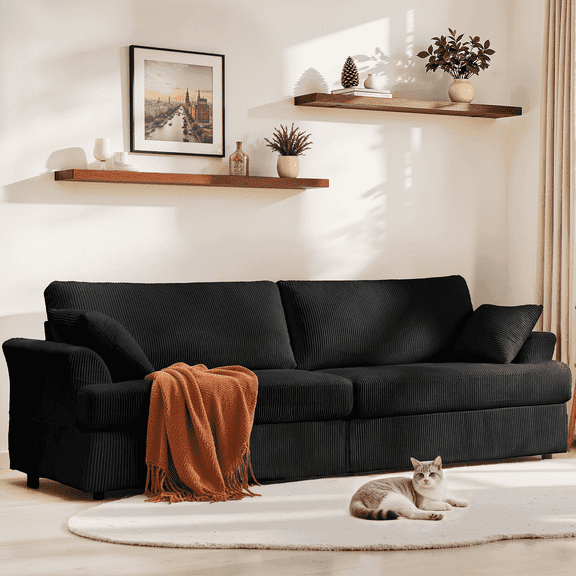 87" Cloud Comfy Sofa Couch with Deep Seat and Thick Cushion, Corduroy Upholstered Fabric Soft Couch for Living Room Office, Black