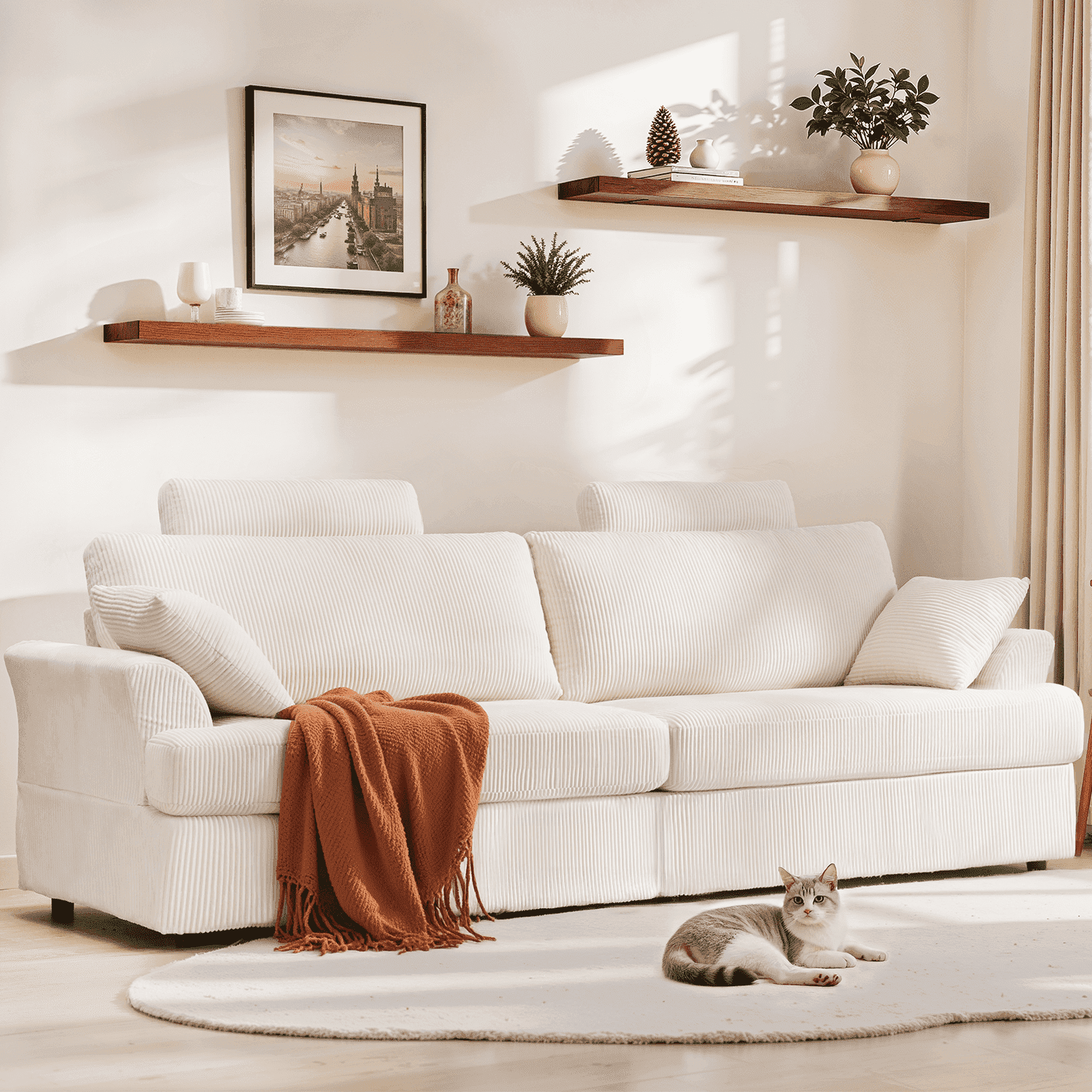 87" Cloud Comfy Sofa Couch with Deep Seat and Thick Cushion, Corduroy Upholstered Fabric Soft Couch for Living Room Office, Beige (Includes Headrest)