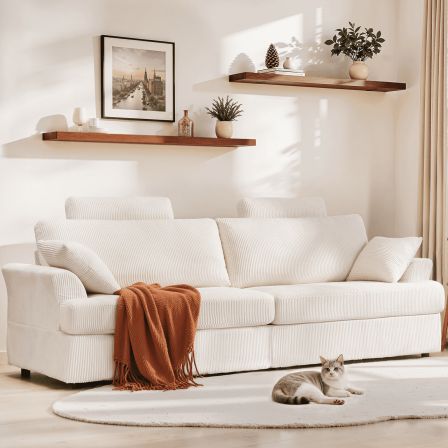 87" Cloud Comfy Sofa Couch with Deep Seat and Thick Cushion, Corduroy Upholstered Fabric Soft Couch for Living Room Office, Beige (Includes Headrest)