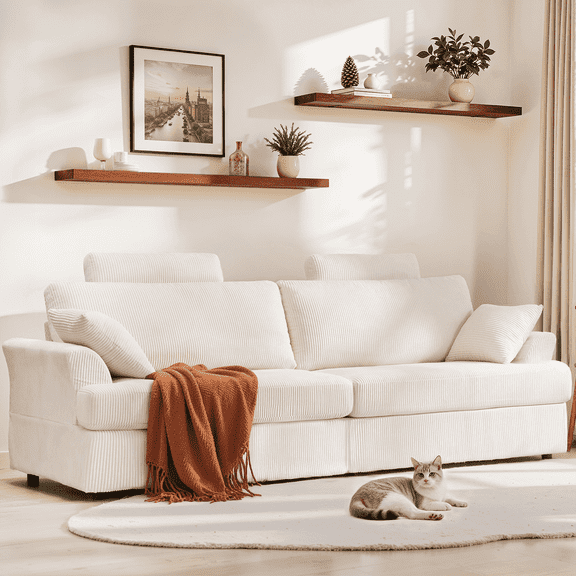 87" Cloud Comfy Sofa Couch with Deep Seat and Thick Cushion, Corduroy Upholstered Fabric Soft Couch for Living Room Office, Beige (Includes Headrest)