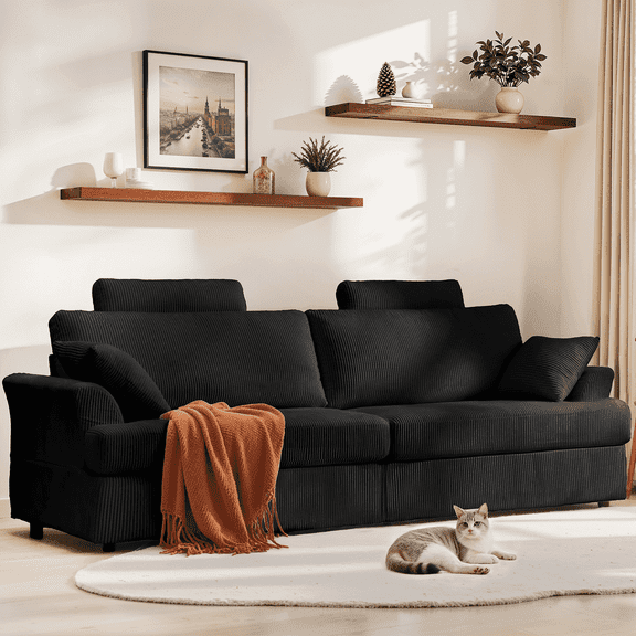 87" Cloud Comfy Sofa Couch with Deep Seat and Thick Cushion, Corduroy Upholstered Fabric Soft Couch for Living Room Office, Black (Includes Headrest)