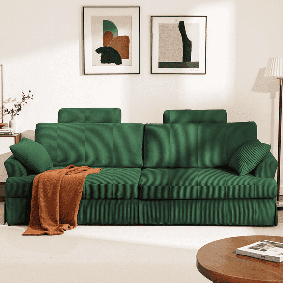 87" Cloud Comfy Sofa Couch with Deep Seat and Thick Cushion, Corduroy Upholstered Fabric Soft for Living Room Office, Green (Includes Headrest)