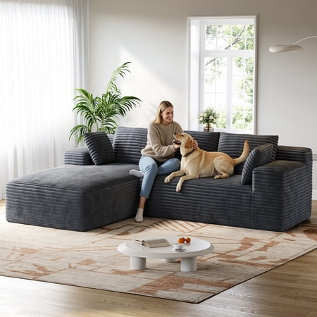 Patbrela 106" Sectional Couch for Living Room, L-Shaped Modular Sectional Sofa with Deep Seat, Corduroy Cloud Oversized Boneless Sofa No Assembly, Gray