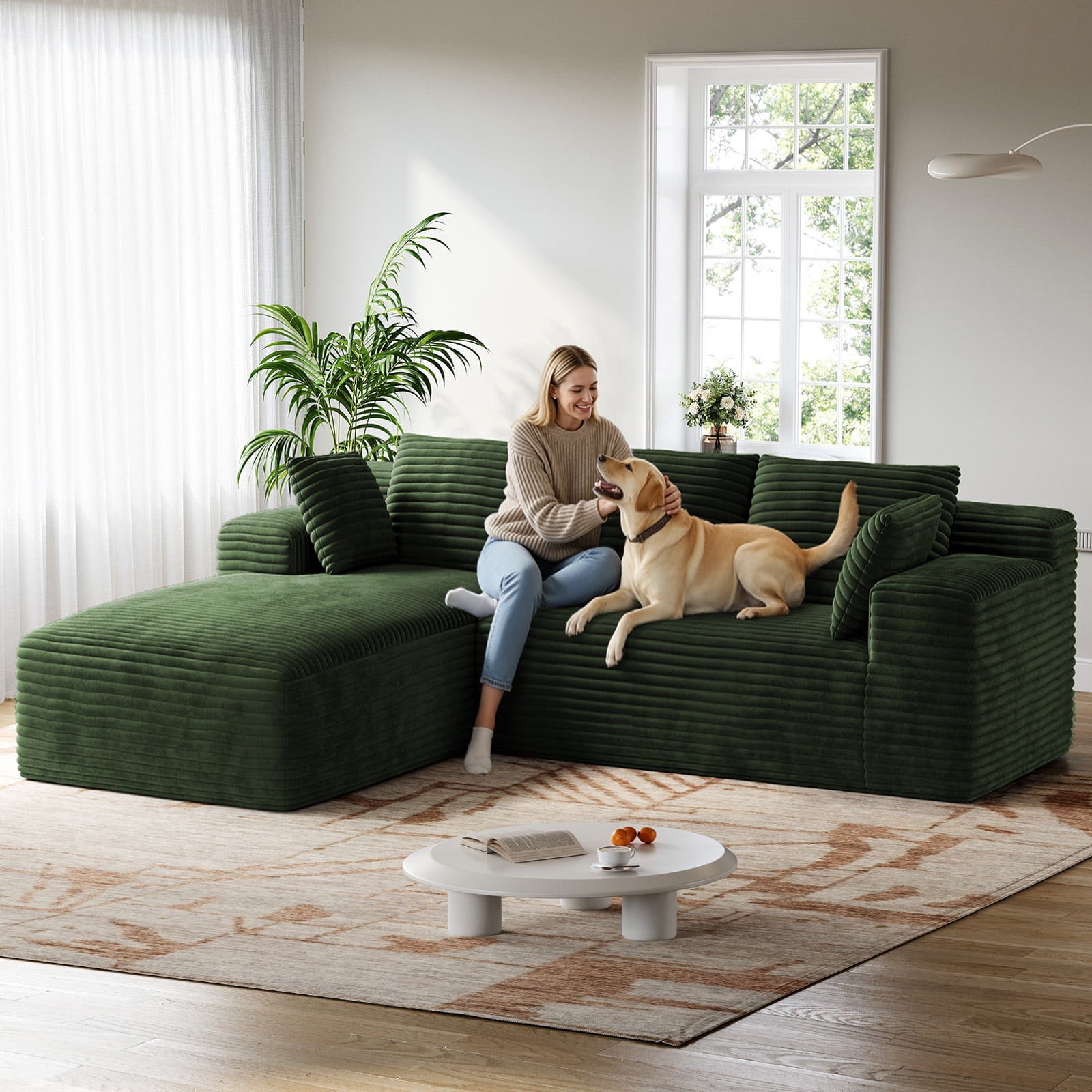 Patbrela 106" Sectional Sofa for Living Room, L-Shaped Modular Sectional Couches with Deep Seat, Corduroy Cloud Oversized Boneless Sofa No Assembly, Green