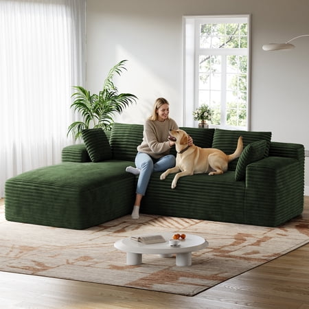 Patbrela 106" Sectional Sofa for Living Room, L-Shaped Modular Sectional Couches with Deep Seat, Corduroy Cloud Oversized Boneless Sofa No Assembly, Green