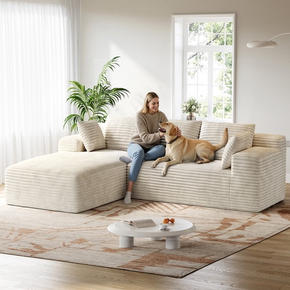 Patbrela 106" Sectional Sofa for Living Room, L-Shaped Modular Sectional Couch with Deep Seat, Corduroy Cloud Oversized Boneless Sofa No Assembly, Beige