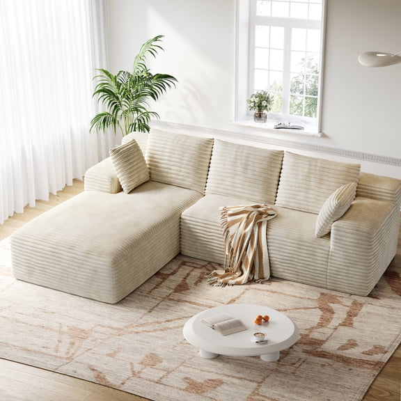 Patbrela 106" Sectional Sofa for Living Room, L-Shaped Modular Sectional Couch with Deep Seat, Corduroy Cloud Oversized Sofa No Assembly, Beige