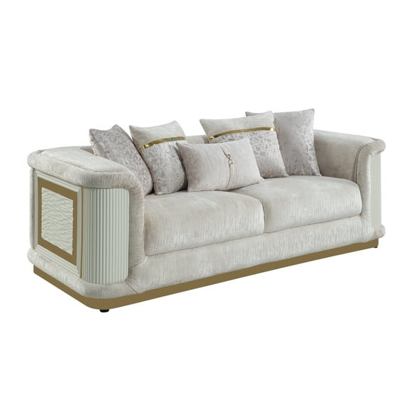 Sofa, Contemporary 3-Seat Living Room Couch in Cream Chenille Fabric, Solid Wood Frame with Gold Stainless Steel Diamond Panels and Base, 36"L x 91"W x 28"H, Modern High-End Style