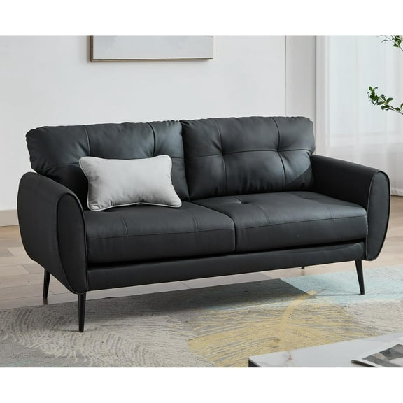 Sofa Couch 61" Small Loveseat Couches for Living Room, Black Faux Leather Couch Mid Century Modern Tufted Mini Sofa Comfy Office 2 Seat Settee Love Seat Couches for Small Spaces Bedroom