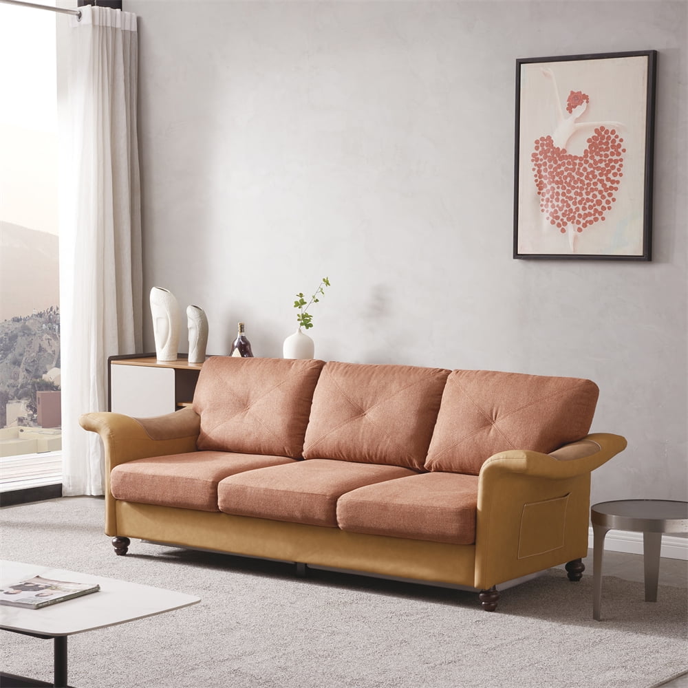 Loveseat Sofa with 2 Removable Storage Boxes Under the Seat Cushion, Modern  Linen Fabric Faux Leather 2 Seat Sofa Couch with 6 Solid Wood Legs and Side  Pocket, 300 LB Each Seat