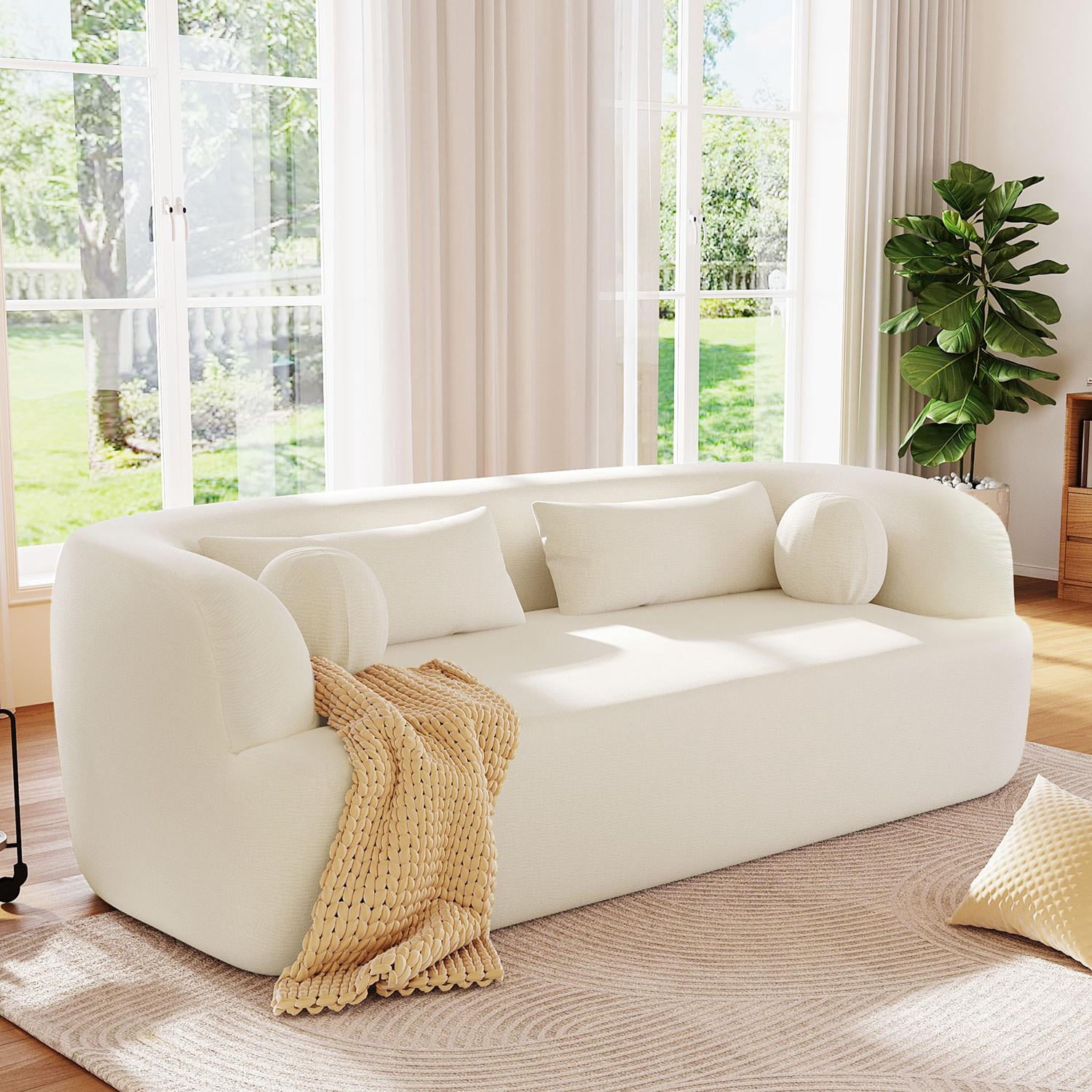 Sofa, Couch, No Assembly Sofa, Curved Frameless Chenille Cloud Couch Compressed Delivery, Includes 4 Pillows, 3-Seater Sofa for Living Room, Beige