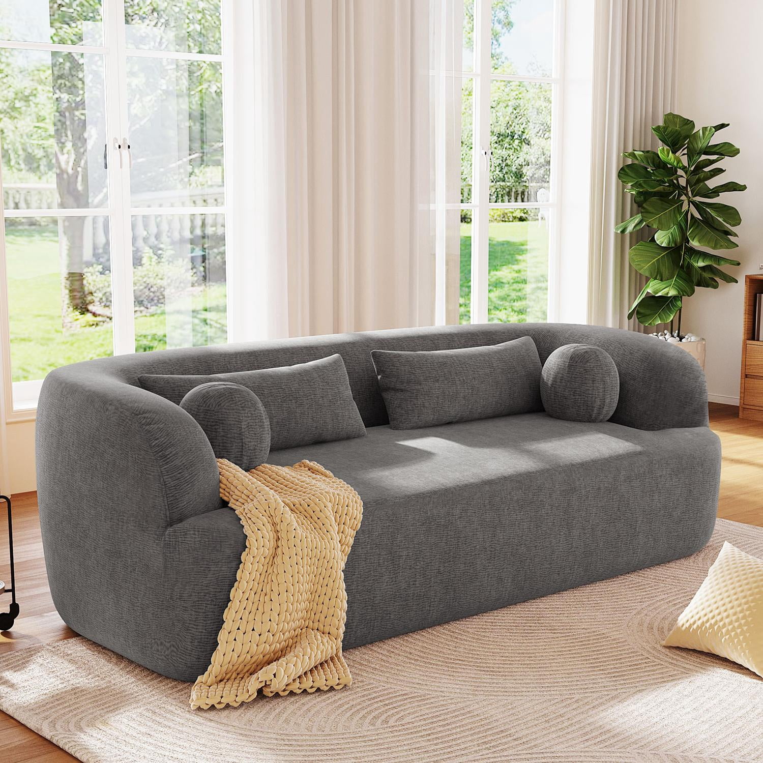 Sofa, Couch, No Assembly Sofa, Curved Frameless Chenille Cloud Couch Compressed Delivery, Includes 4 Pillows, 3-Seater Sofa for Living Room, Gray