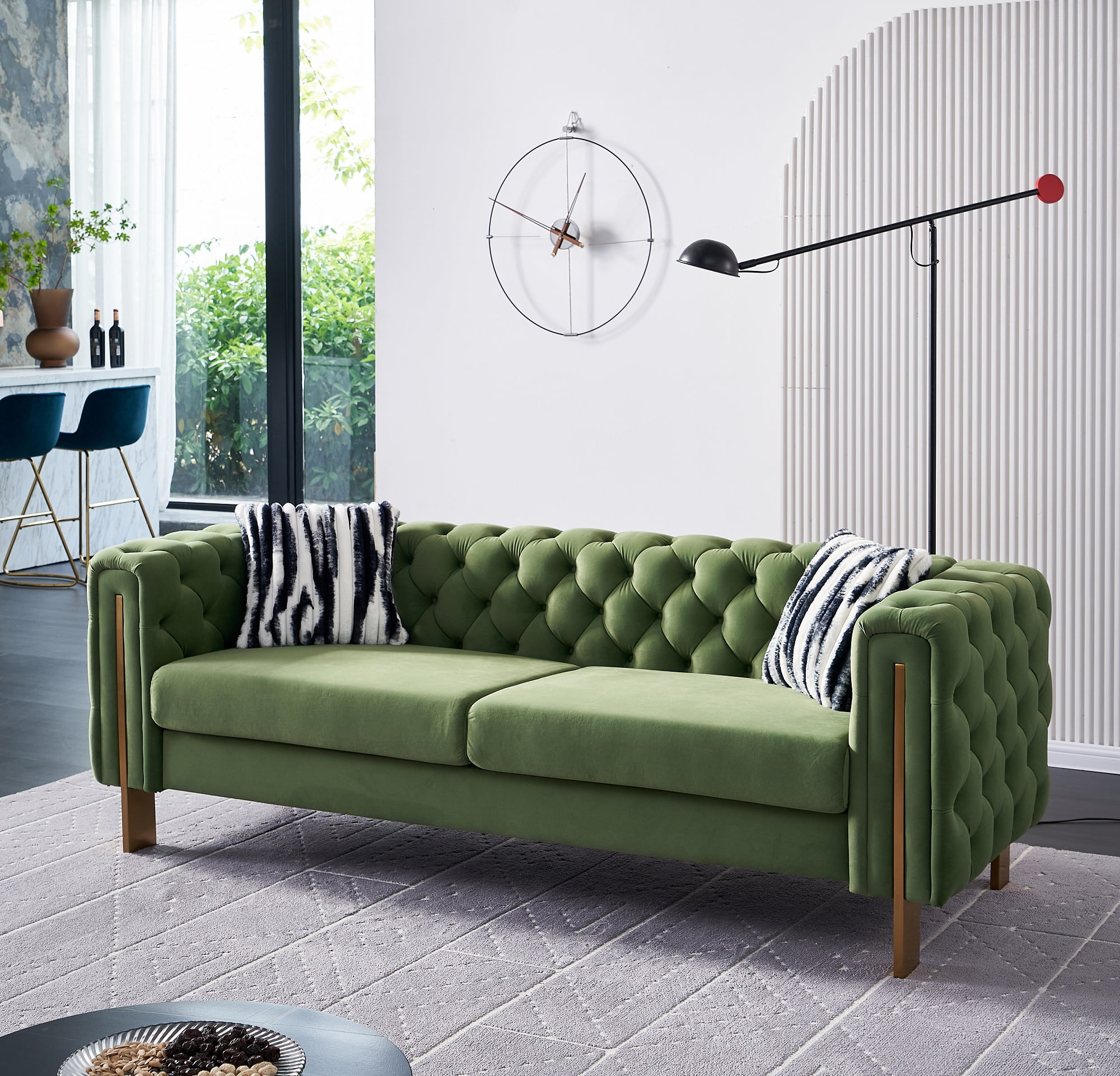 Dolonm 84in Green Velvet Tufted Sofa with 2 Pillows - Comfy Living Room  Furniture - Walmart.com, image size:2000x1922