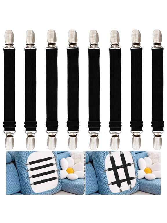 Couch Cushion Covers Holder Straps Sofa Couch Covers Sofa Slipcover Holder Clips 11 to 60in(28-160cm) Adjustable Elastic Straps for Sofa Covers Cushion (8 Pcs Black)
