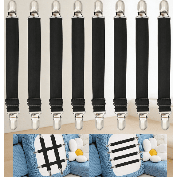 Sofa Cover Holder Straps Suspenders, Sofa Couch Covers Clip Fasteners, Adjustable Elastic Straps for Sofa Seat Recliner Slipcover, Cushion Holders, Black