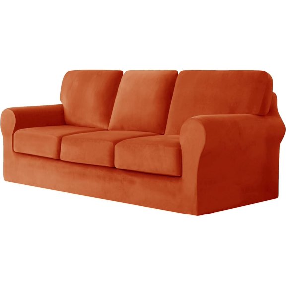Sofa Cover with Separate Seat Cushions and Backrests Stretch Velvet Sofa Slipcover Couch Covers Furniture Protector Split Combined (Orange,3-Seat Set 7 PCS)