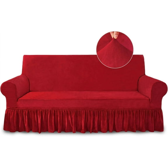 Sofa Cover Super Soft 1-Piece Red Sofa Slipcover for Sofas Stretch Universal Spandex Couch Covers for Living Room Easy Fit Washable Furniture Sofa Protector with Skirt