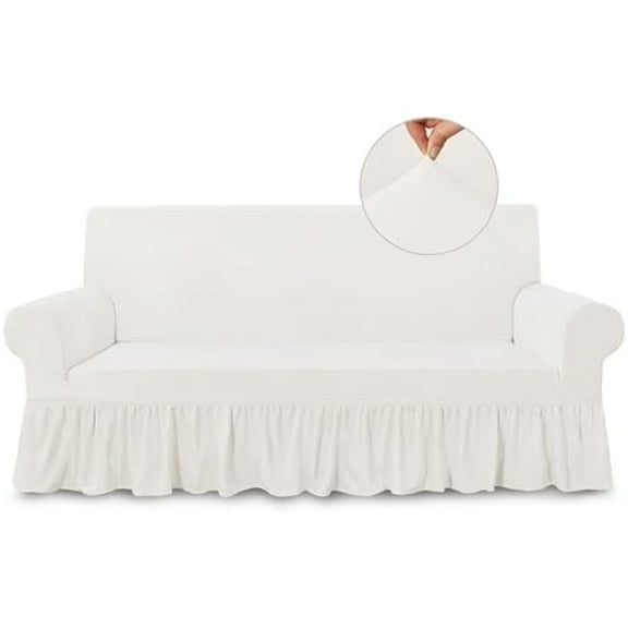 Sofa Cover Super Soft 1-Piece White Sofa Slipcover for Sofas Stretch Universal Spandex Couch Covers for Living Room Easy Fit Washable Furniture Sofa Protector with Skirt