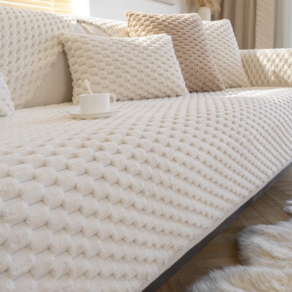 Sofa Cover Washable Plush Material,Non-Slip Thick Soft Slipcover for Three Seater Sofas,Protective Couch Cover for Pets,Furniture Protection and Home Decoration,Living Room Use-White