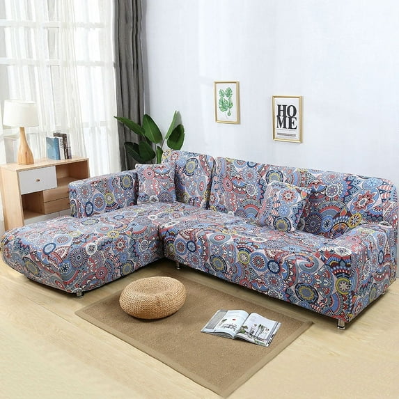 Sofa Covers for L Shape, 2 Pieces Polyester Fabric Stretch Slipcovers + 2 Pieces Pillow Covers for Sectional Sofa L-shape Couch - Solid Color and Pattern (67 to 87 Inches)