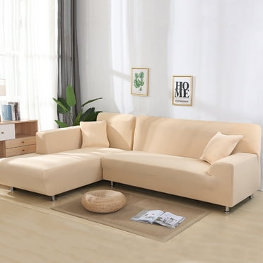 Sofa Covers for L Shape, 2 Pieces Polyester Fabric Stretch Slipcovers + 2 Pieces Pillow Covers for Sectional Sofa L-shape Couch - Solid Color and Pattern (67 to 87 Inches)
