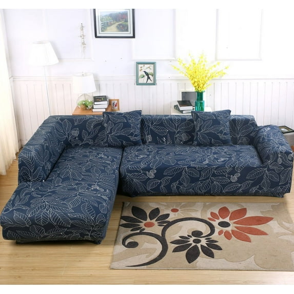 Sofa Covers for L Shape, 2pcs Polyester Fabric Stretch Slipcovers + 2pcs Pillow Covers for Sectional sofa L-shape Couch - Solid Color and Pattern (67 to 87 Inches)
