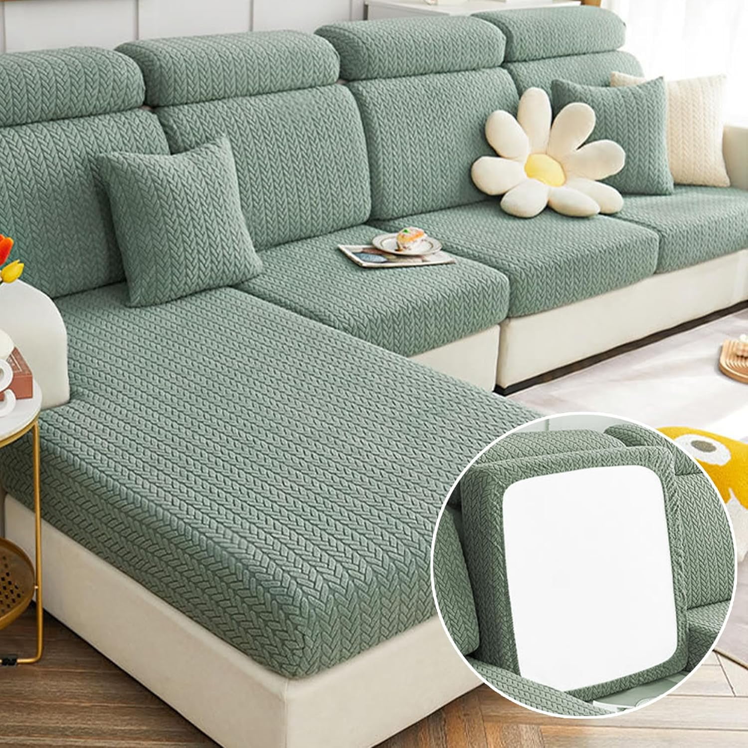 Sofa Covers Sectional Couch Covers:Washable Stretch Sofa Slipcovers,Wear-Resistant Universal Couch Cushion Replacement,3D Jacquard Velvet Magic Sofa Covers (Green, Back Cover)