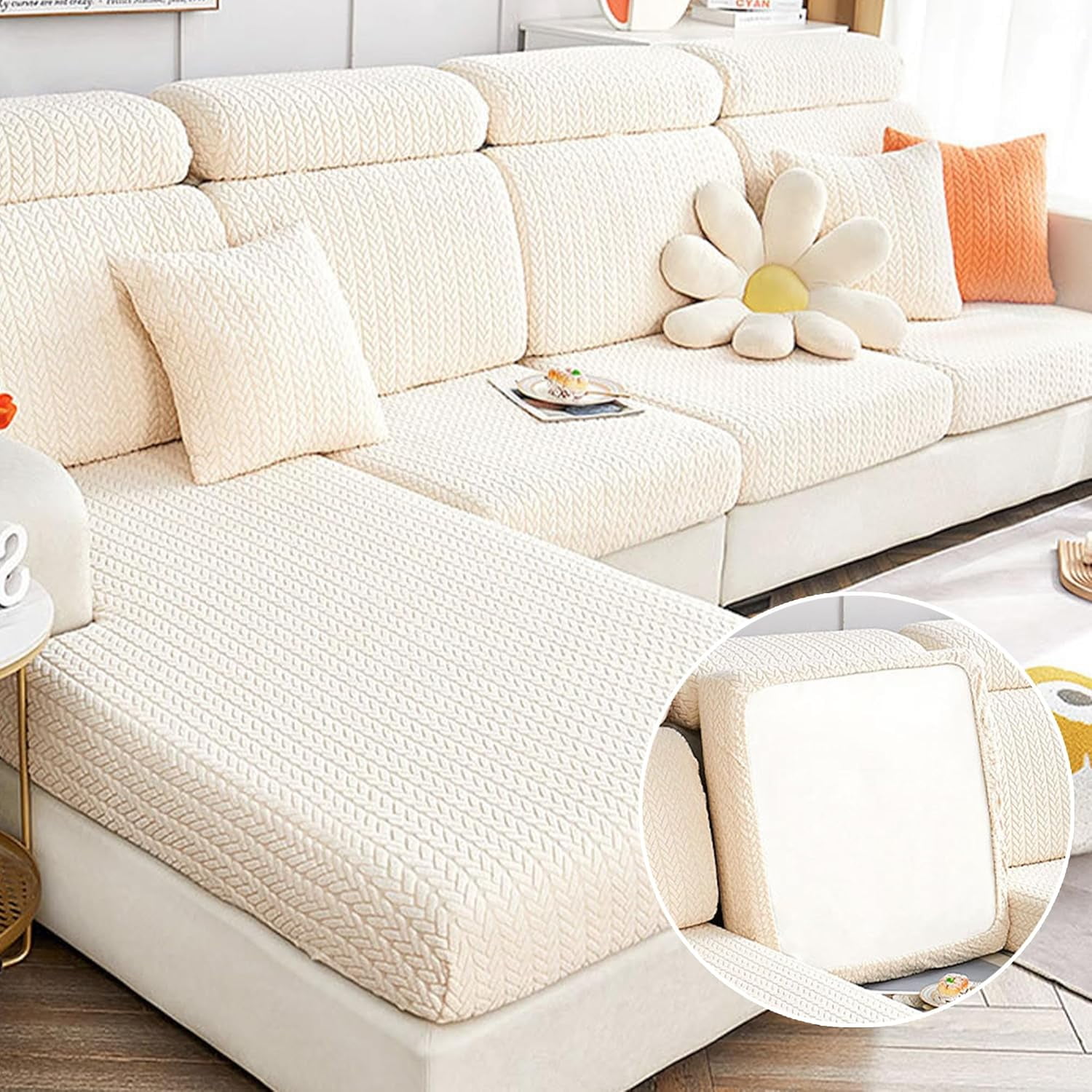 Sofa Covers Sectional Couch Covers:Washable Stretch Sofa Slipcovers,Wear-Resistant Universal Couch Cushion Replacement,3D Jacquard Velvet Magic Sofa Covers (Beige, Large Triple Seat Cover)