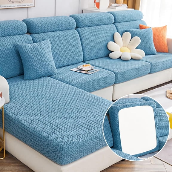 Sofa Covers Sectional Couch Covers:Washable Stretch Sofa Slipcovers,Wear-Resistant Universal Couch Cushion Replacement,3D Jacquard Velvet Magic Sofa Covers (Blue, Large Double Seat Cover)