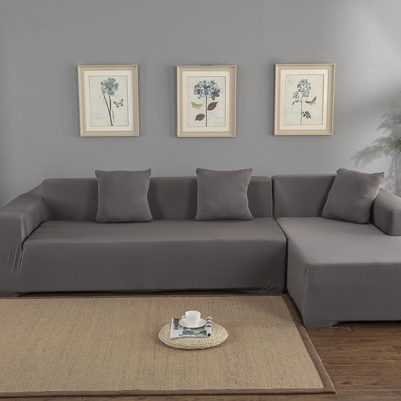 Sofa Covers for L Shape, Polyester Fabric Stretch Slipcovers 3 + 2 seat for Sectional sofa L-shape Couch Grey