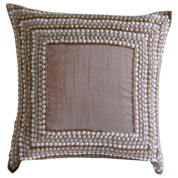 Sofa Cushion Cover, 22x22 inch (55x55 cm) Pillow Cover, Peach Pillow Cover, 3D Sequins Beaded Antique Bordered Pillow Cover, Art Silk Square Cushion Cover, Bordered - Cinderella