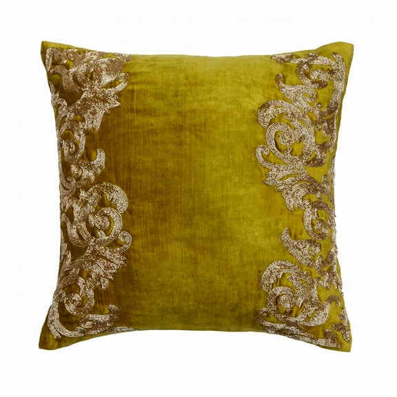 Sofa Cushion Cover, Decorative Lemon Grass 16"x16" (40x40 cm) Throw Pillows For Couch, Velvet Zardozi Embroidery Cushion Cover, Abstract Pattern Baroque Style - Gold Mythology
